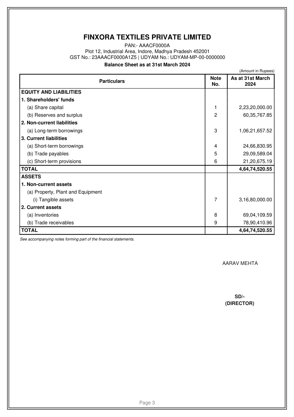 Balance sheet page from the sample balance sheet report