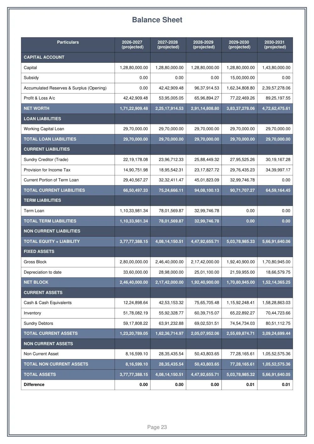 Projected Balance Sheet page from the sample project report